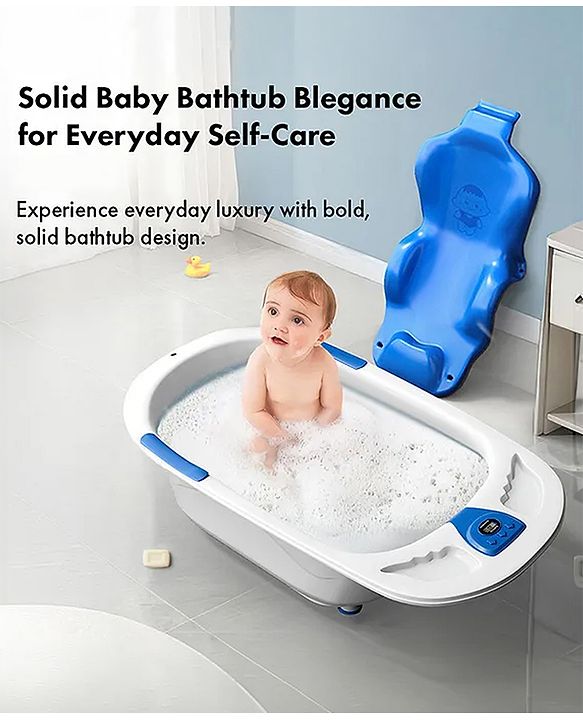 Babyhug Baby Bath Tub with Bath Rack & Temperature Sensor - White Blue| Detachable Bather Support| Anti-Slip Base| Suitable for 0 to 3 Years| Drain Plug