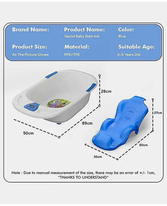 Babyhug Baby Bath Tub with Bath Rack & Temperature Sensor - White Blue| Detachable Bather Support| Anti-Slip Base| Suitable for 0 to 3 Years| Drain Plug