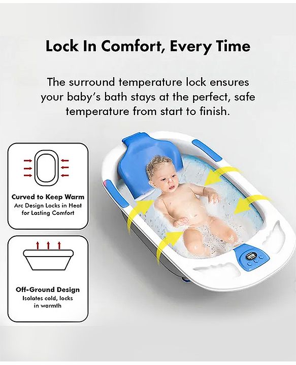 Babyhug Baby Bath Tub with Bath Rack & Temperature Sensor - White Blue| Detachable Bather Support| Anti-Slip Base| Suitable for 0 to 3 Years| Drain Plug