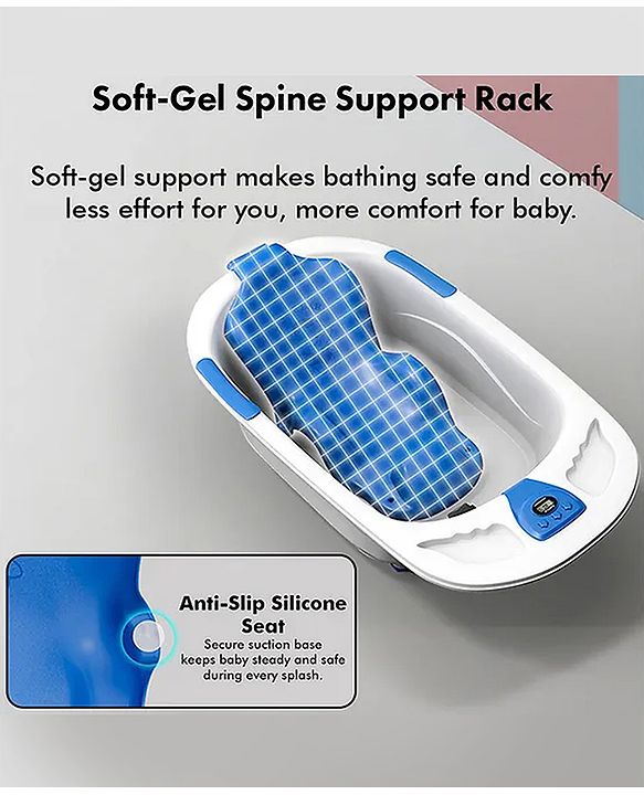 Babyhug Baby Bath Tub with Bath Rack & Temperature Sensor - White Blue| Detachable Bather Support| Anti-Slip Base| Suitable for 0 to 3 Years| Drain Plug