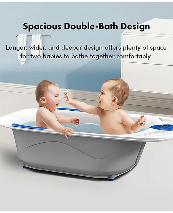 Babyhug Baby Bath Tub with Bath Rack & Temperature Sensor - White Blue| Detachable Bather Support| Anti-Slip Base| Suitable for 0 to 3 Years| Drain Plug