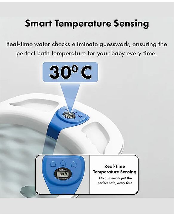Babyhug Baby Bath Tub with Bath Rack & Temperature Sensor - White Blue| Detachable Bather Support| Anti-Slip Base| Suitable for 0 to 3 Years| Drain Plug