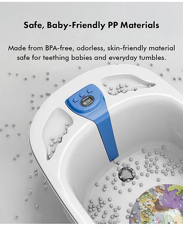 Babyhug Baby Bath Tub with Bath Rack & Temperature Sensor - White Blue| Detachable Bather Support| Anti-Slip Base| Suitable for 0 to 3 Years| Drain Plug