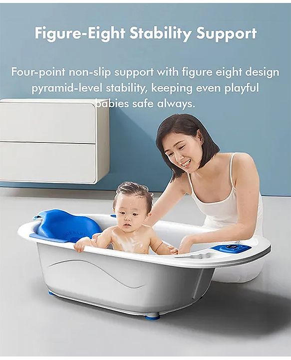 Babyhug Baby Bath Tub with Bath Rack & Temperature Sensor - White Blue| Detachable Bather Support| Anti-Slip Base| Suitable for 0 to 3 Years| Drain Plug