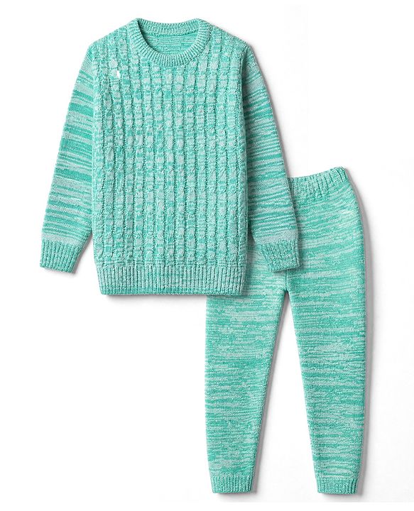 Babyhug Knit Full Sleeves Solid Sweater Set - Blue