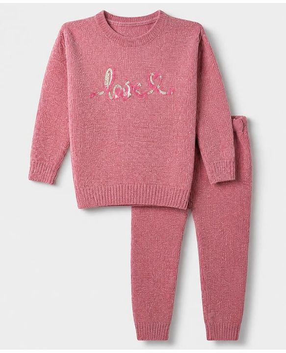 Babyhug Knit Full Sleeves Sweater Set With Love Sequins - Pink