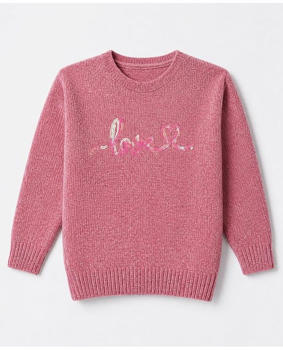 Babyhug Knit Full Sleeves Sweater Set With Love Sequins - Pink