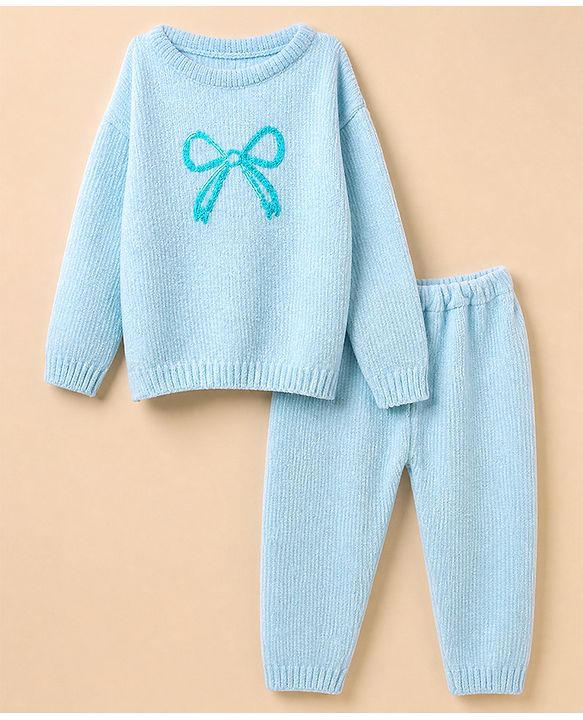 Babyhug Knit Full Sleeves Sweater Set With Bow Embroidery - Light Blue