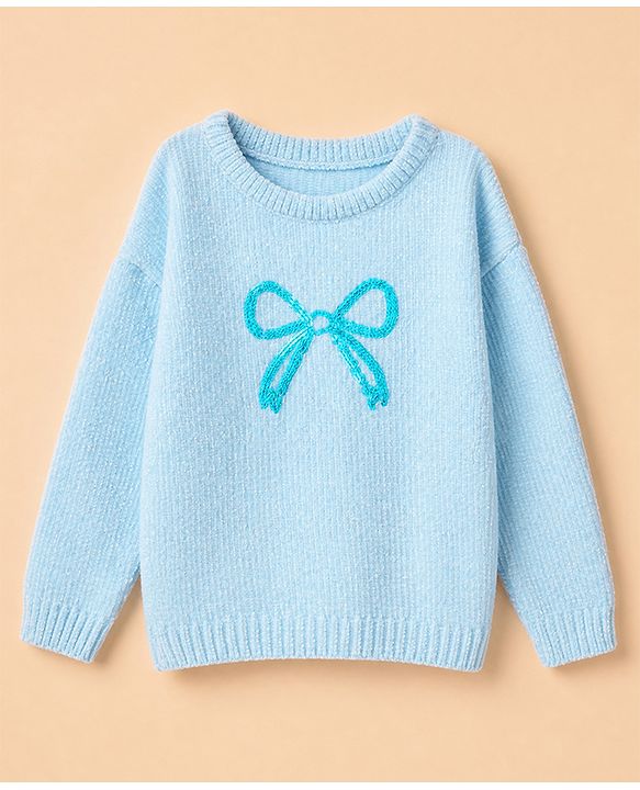 Babyhug Knit Full Sleeves Sweater Set With Bow Embroidery - Light Blue