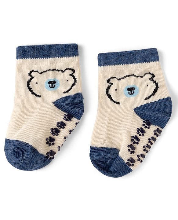 Cute Walk by Babyhug Cotton Knit Anti-bacterial Anti-skid Ankle Length Striped Socks With Animal & Text Design Pack of 3 - Beige