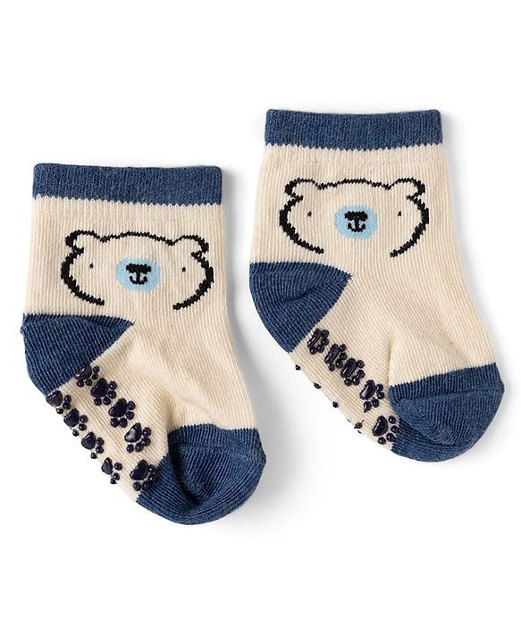 Cute Walk by Babyhug Cotton Knit Anti-bacterial Anti-skid Ankle Length Striped Socks With Animal & Text Design Pack of 3 - Beige