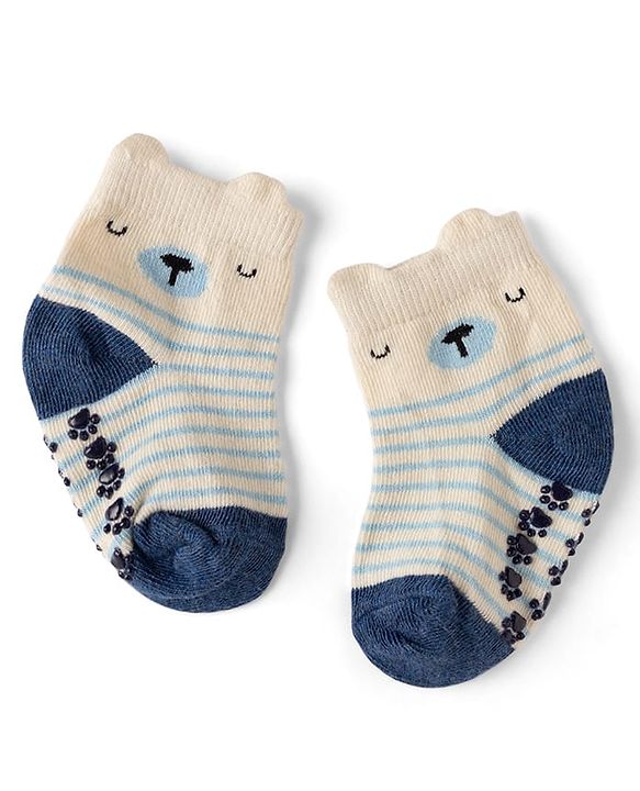 Cute Walk by Babyhug Cotton Knit Anti-bacterial Anti-skid Ankle Length Striped Socks With Animal & Text Design Pack of 3 - Beige