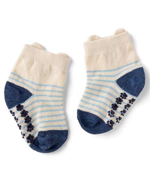 Cute Walk by Babyhug Cotton Knit Anti-bacterial Anti-skid Ankle Length Striped Socks With Animal & Text Design Pack of 3 - Beige