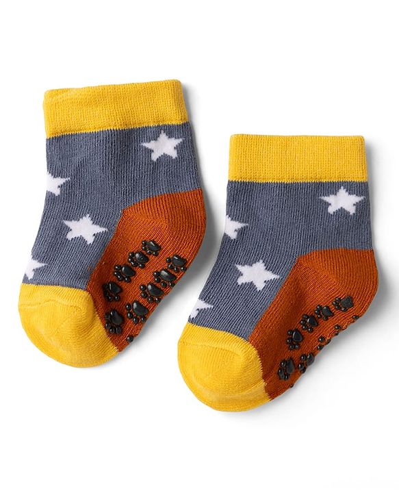 Cute Walk by Babyhug Cotton Knit Anti-bacterial Anti-skid Ankle Length Striped Socks With Animal & Star Design Pack of 3 - Grey, Yellow & White