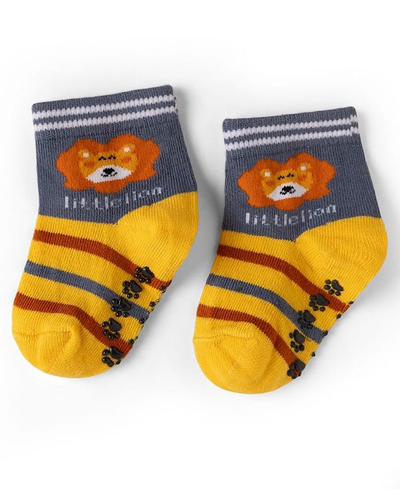 Cute Walk by Babyhug Cotton Knit Anti-bacterial Anti-skid Ankle Length Striped Socks With Animal & Star Design Pack of 3 - Grey, Yellow & White