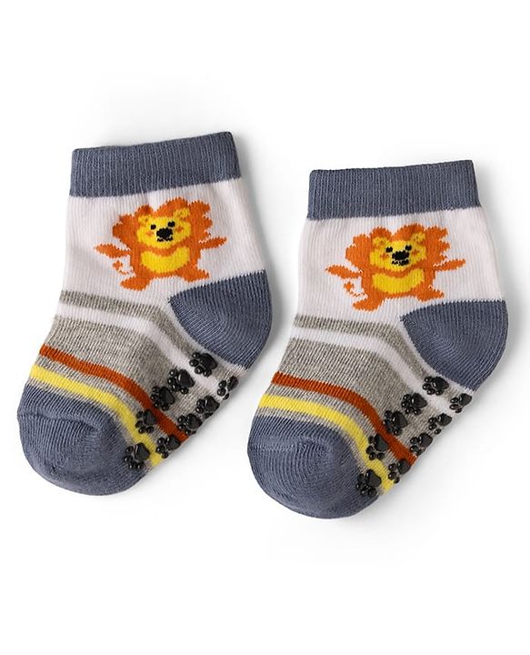 Cute Walk by Babyhug Cotton Knit Anti-bacterial Anti-skid Ankle Length Striped Socks With Animal & Star Design Pack of 3 - Grey, Yellow & White