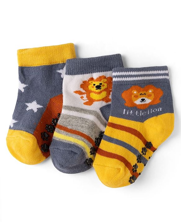 Cute Walk by Babyhug Cotton Knit Anti-bacterial Anti-skid Ankle Length Striped Socks With Animal & Star Design Pack of 3 - Grey, Yellow & White