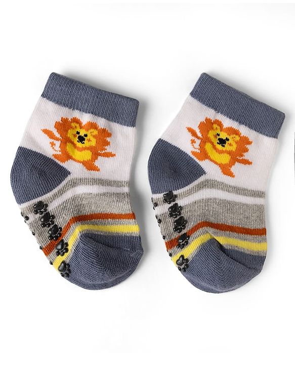 Cute Walk by Babyhug Cotton Knit Anti-bacterial Anti-skid Ankle Length Striped Socks With Animal & Star Design Pack of 3 - Grey, Yellow & White