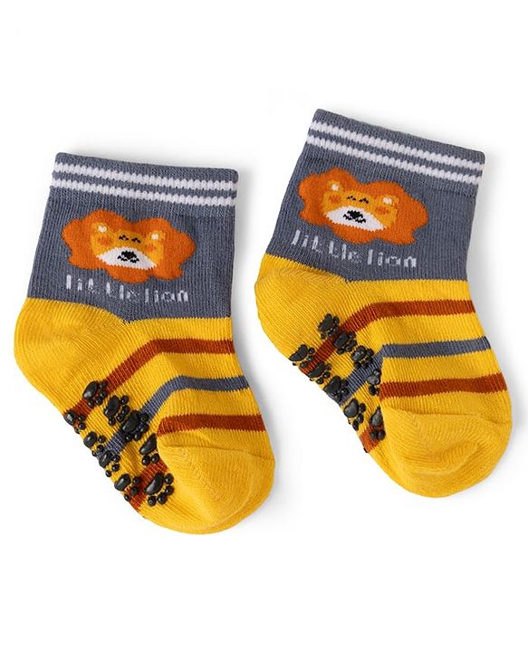 Cute Walk by Babyhug Cotton Knit Anti-bacterial Anti-skid Ankle Length Striped Socks With Animal & Star Design Pack of 3 - Grey, Yellow & White