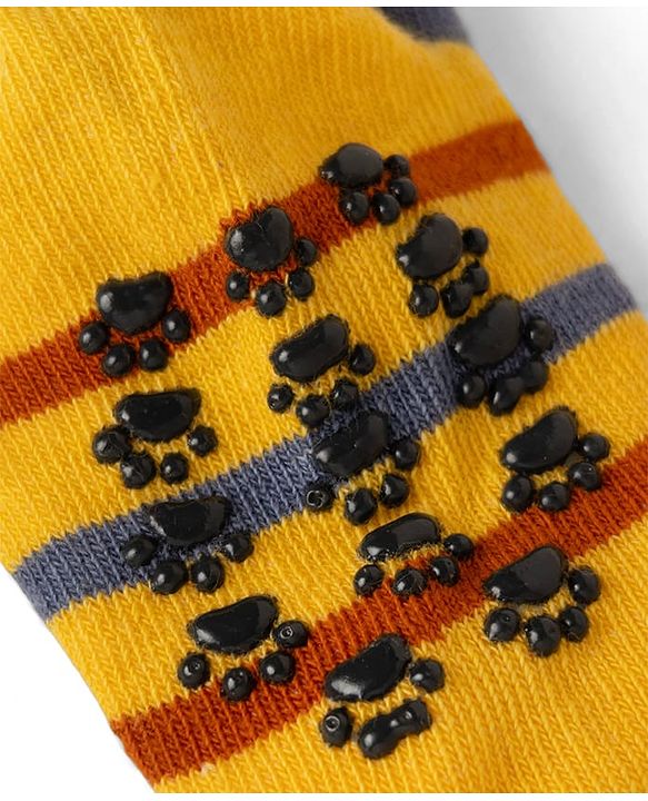 Cute Walk by Babyhug Cotton Knit Anti-bacterial Anti-skid Ankle Length Striped Socks With Animal & Star Design Pack of 3 - Grey, Yellow & White