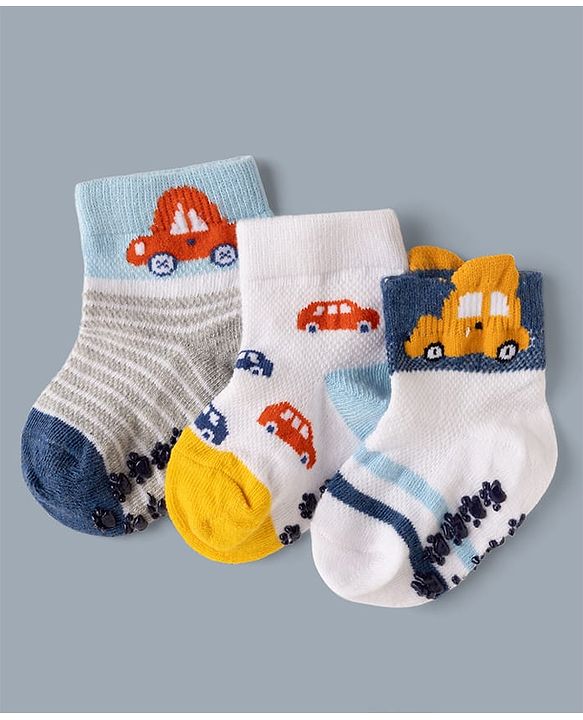 Cute Walk by Babyhug Cotton Knit Anti-bacterial Anti-skid Ankle Length Striped Socks With Vehicle Design Pack of 3 - White, Light Blue & Grey