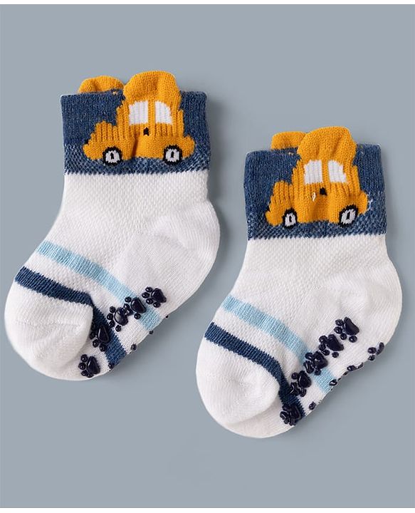 Cute Walk by Babyhug Cotton Knit Anti-bacterial Anti-skid Ankle Length Striped Socks With Vehicle Design Pack of 3 - White, Light Blue & Grey