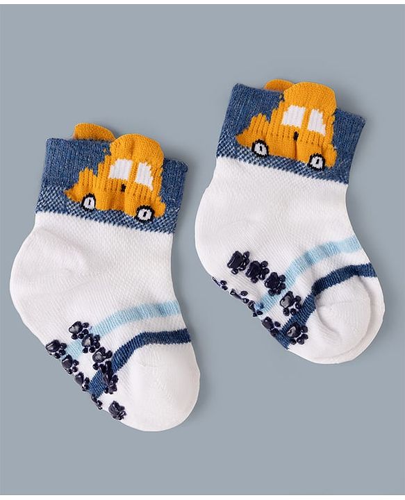 Cute Walk by Babyhug Cotton Knit Anti-bacterial Anti-skid Ankle Length Striped Socks With Vehicle Design Pack of 3 - White, Light Blue & Grey