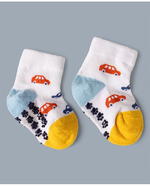 Cute Walk by Babyhug Cotton Knit Anti-bacterial Anti-skid Ankle Length Striped Socks With Vehicle Design Pack of 3 - White, Light Blue & Grey