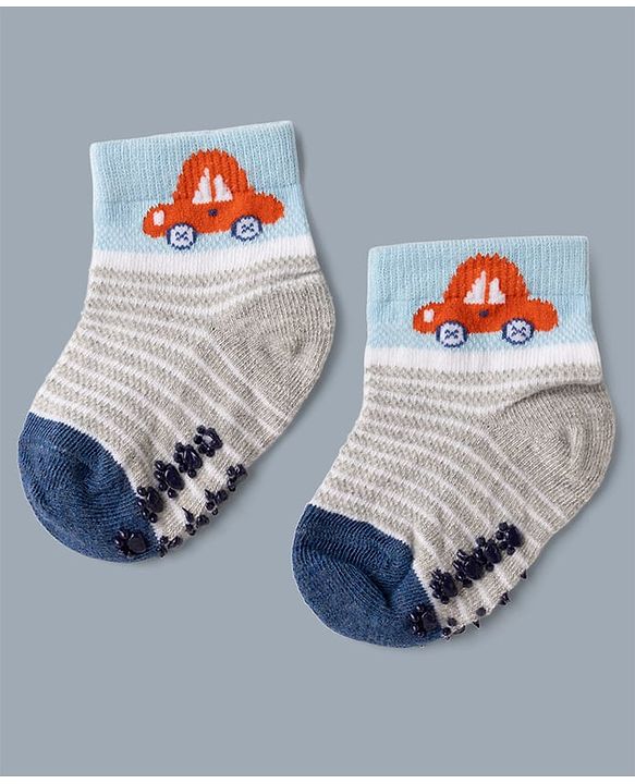 Cute Walk by Babyhug Cotton Knit Anti-bacterial Anti-skid Ankle Length Striped Socks With Vehicle Design Pack of 3 - White, Light Blue & Grey