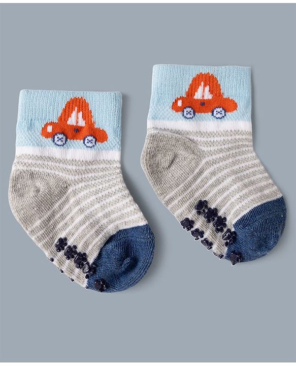 Cute Walk by Babyhug Cotton Knit Anti-bacterial Anti-skid Ankle Length Striped Socks With Vehicle Design Pack of 3 - White, Light Blue & Grey