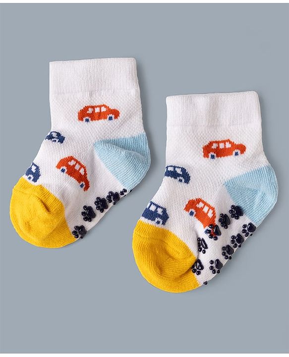 Cute Walk by Babyhug Cotton Knit Anti-bacterial Anti-skid Ankle Length Striped Socks With Vehicle Design Pack of 3 - White, Light Blue & Grey