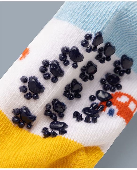 Cute Walk by Babyhug Cotton Knit Anti-bacterial Anti-skid Ankle Length Striped Socks With Vehicle Design Pack of 3 - White, Light Blue & Grey