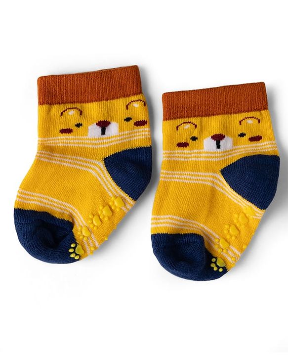 Cute Walk by Babyhug Cotton Knit Anti-bacterial Anti-skid Ankle Length Striped Socks With Animal Design Pack of 3 - Yellow & Red