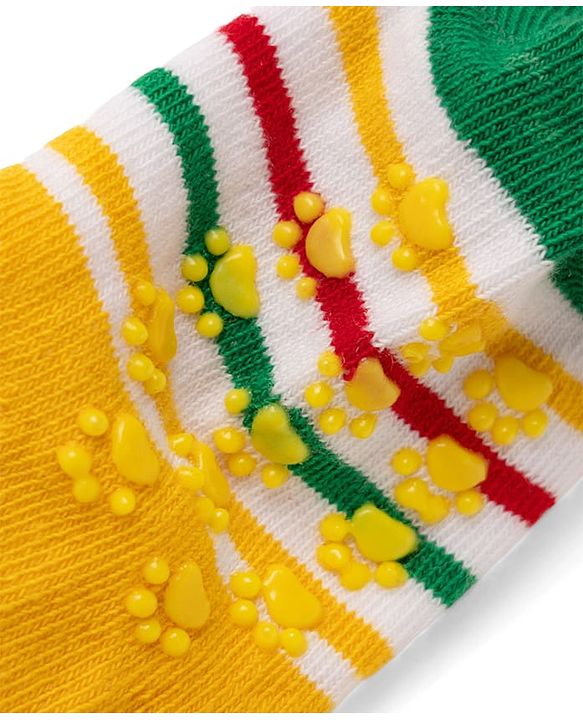 Cute Walk by Babyhug Cotton Knit Anti-bacterial Anti-skid Ankle Length Striped Socks With Animal Design Pack of 3 - Yellow & Red