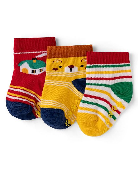 Cute Walk by Babyhug Cotton Knit Anti-bacterial Anti-skid Ankle Length Striped Socks With Animal Design Pack of 3 - Yellow & Red