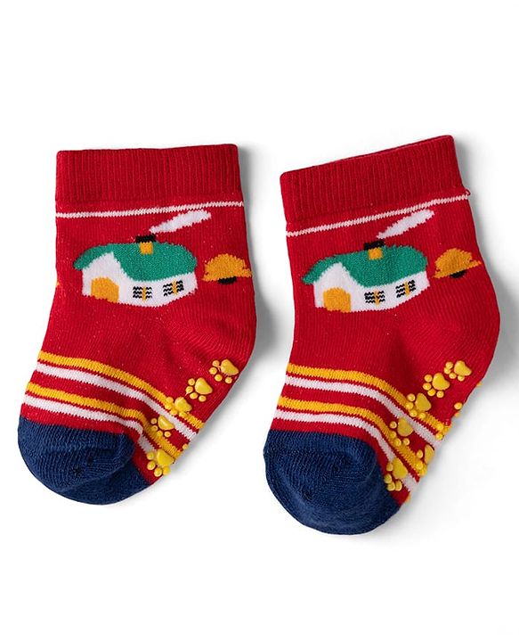 Cute Walk by Babyhug Cotton Knit Anti-bacterial Anti-skid Ankle Length Striped Socks With Animal Design Pack of 3 - Yellow & Red
