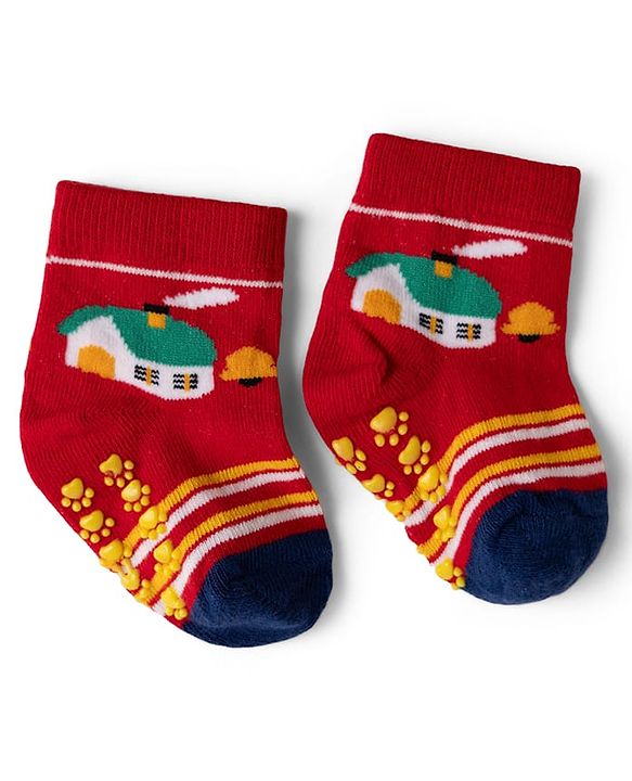 Cute Walk by Babyhug Cotton Knit Anti-bacterial Anti-skid Ankle Length Striped Socks With Animal Design Pack of 3 - Yellow & Red
