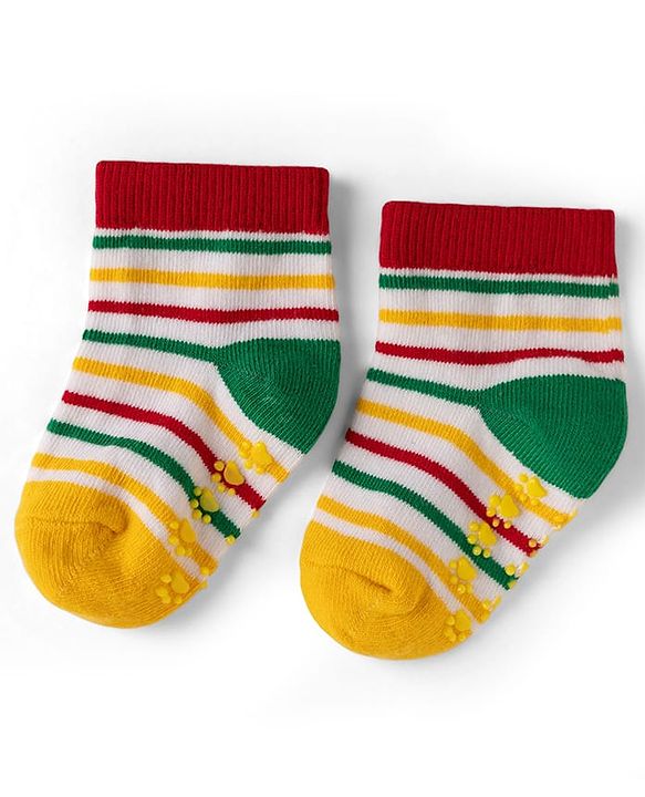Cute Walk by Babyhug Cotton Knit Anti-bacterial Anti-skid Ankle Length Striped Socks With Animal Design Pack of 3 - Yellow & Red