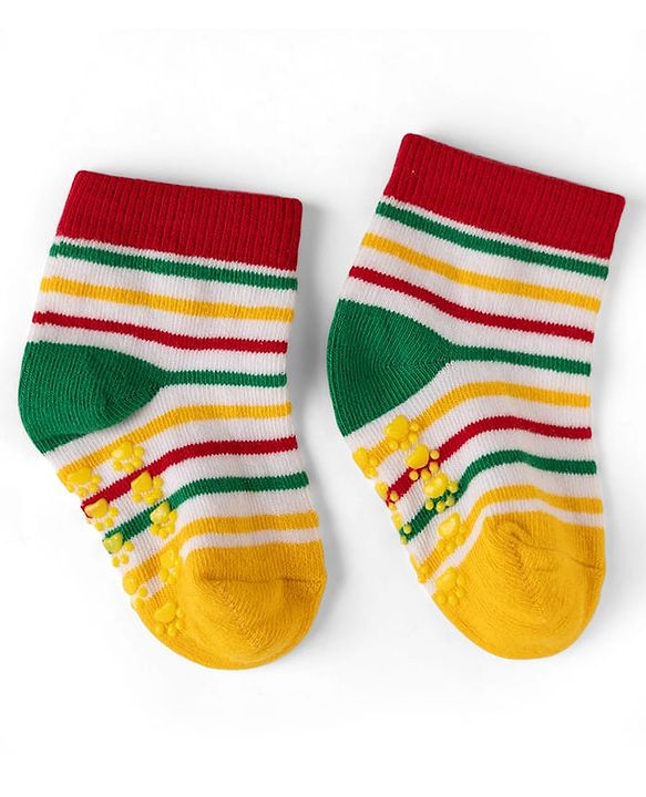 Cute Walk by Babyhug Cotton Knit Anti-bacterial Anti-skid Ankle Length Striped Socks With Animal Design Pack of 3 - Yellow & Red