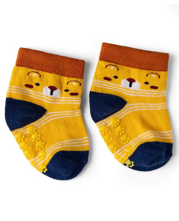 Cute Walk by Babyhug Cotton Knit Anti-bacterial Anti-skid Ankle Length Striped Socks With Animal Design Pack of 3 - Yellow & Red