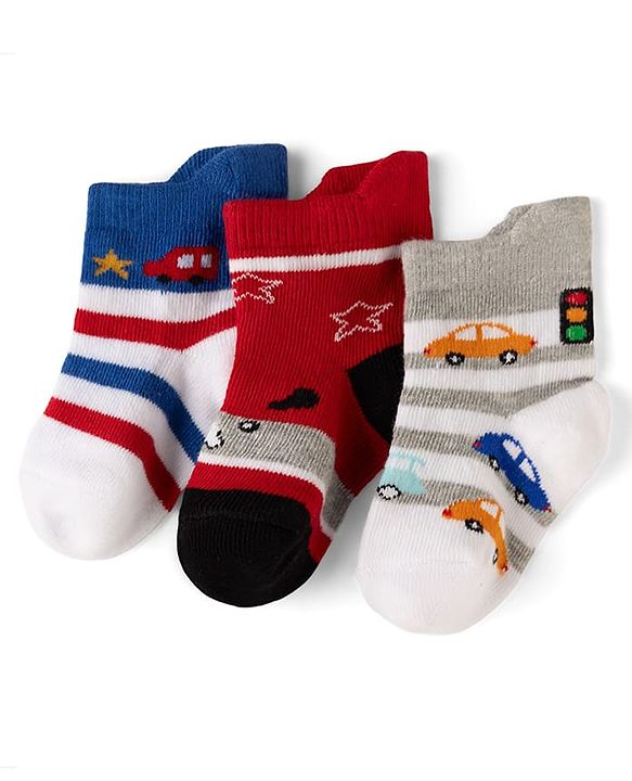 Cute Walk by Babyhug Cotton Knit Anti-bacterial Anti-skid Ankle Length Striped Socks With Animal & Star Design Pack of 3 - Grey, Red & White