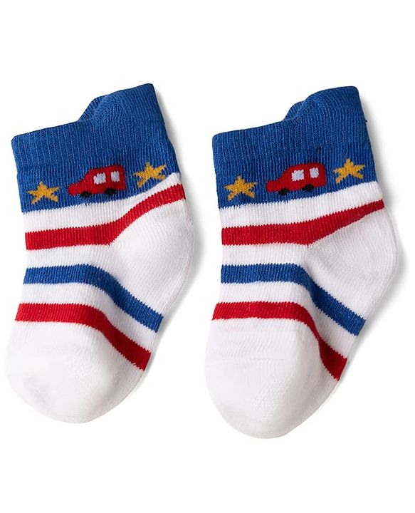 Cute Walk by Babyhug Cotton Knit Anti-bacterial Anti-skid Ankle Length Striped Socks With Animal & Star Design Pack of 3 - Grey, Red & White