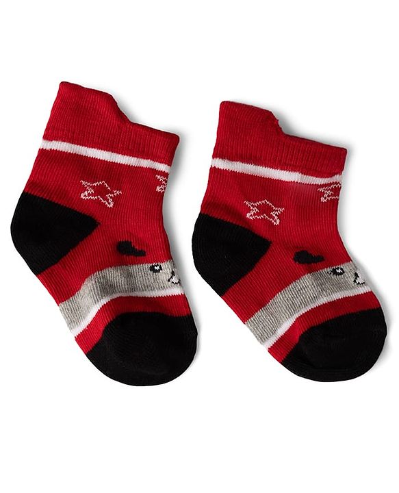 Cute Walk by Babyhug Cotton Knit Anti-bacterial Anti-skid Ankle Length Striped Socks With Animal & Star Design Pack of 3 - Grey, Red & White