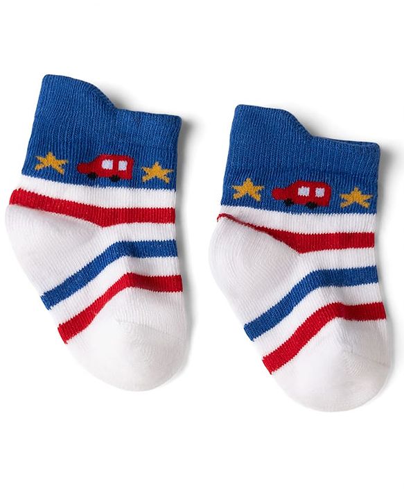 Cute Walk by Babyhug Cotton Knit Anti-bacterial Anti-skid Ankle Length Striped Socks With Animal & Star Design Pack of 3 - Grey, Red & White