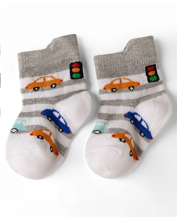 Cute Walk by Babyhug Cotton Knit Anti-bacterial Anti-skid Ankle Length Striped Socks With Animal & Star Design Pack of 3 - Grey, Red & White