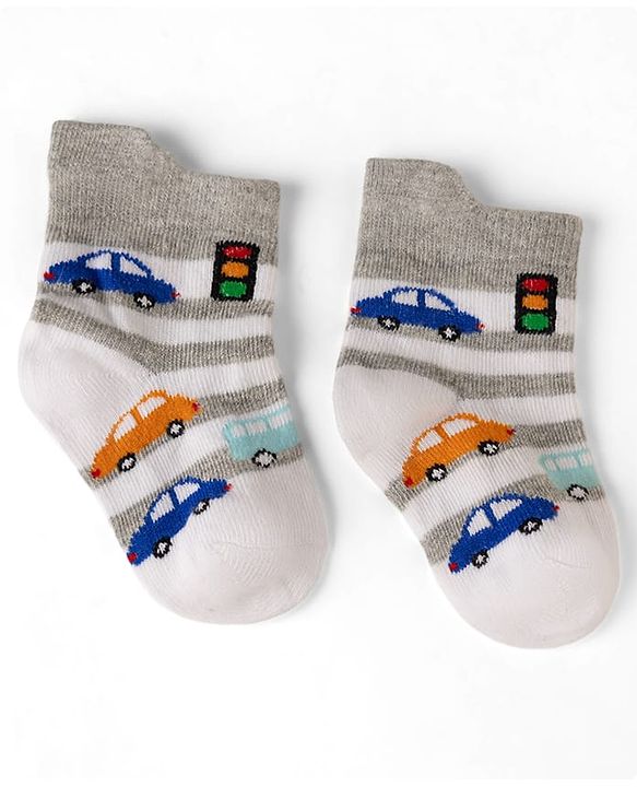 Cute Walk by Babyhug Cotton Knit Anti-bacterial Anti-skid Ankle Length Striped Socks With Animal & Star Design Pack of 3 - Grey, Red & White