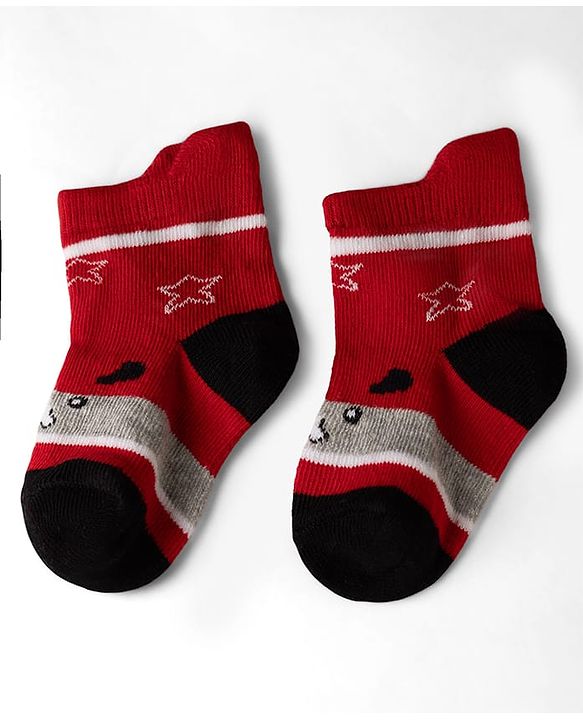 Cute Walk by Babyhug Cotton Knit Anti-bacterial Anti-skid Ankle Length Striped Socks With Animal & Star Design Pack of 3 - Grey, Red & White