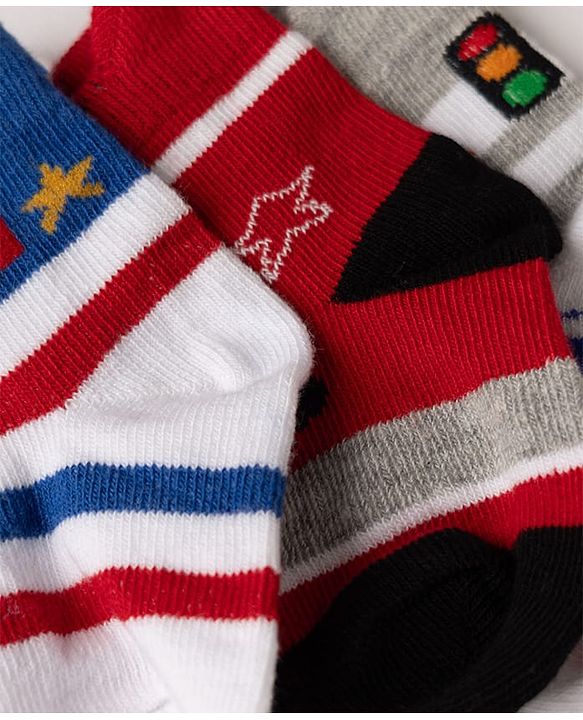 Cute Walk by Babyhug Cotton Knit Anti-bacterial Anti-skid Ankle Length Striped Socks With Animal & Star Design Pack of 3 - Grey, Red & White