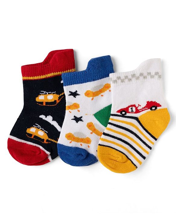 Cute Walk by Babyhug Cotton Knit Anti-bacterial Anti-skid Ankle Length Striped Socks With Animal & Star Design Pack of 3 - Red, Yellow & White