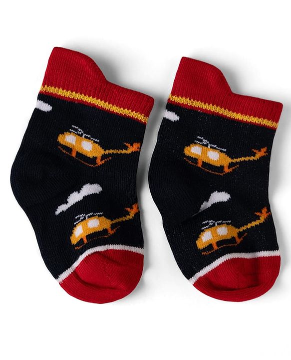 Cute Walk by Babyhug Cotton Knit Anti-bacterial Anti-skid Ankle Length Striped Socks With Animal & Star Design Pack of 3 - Red, Yellow & White